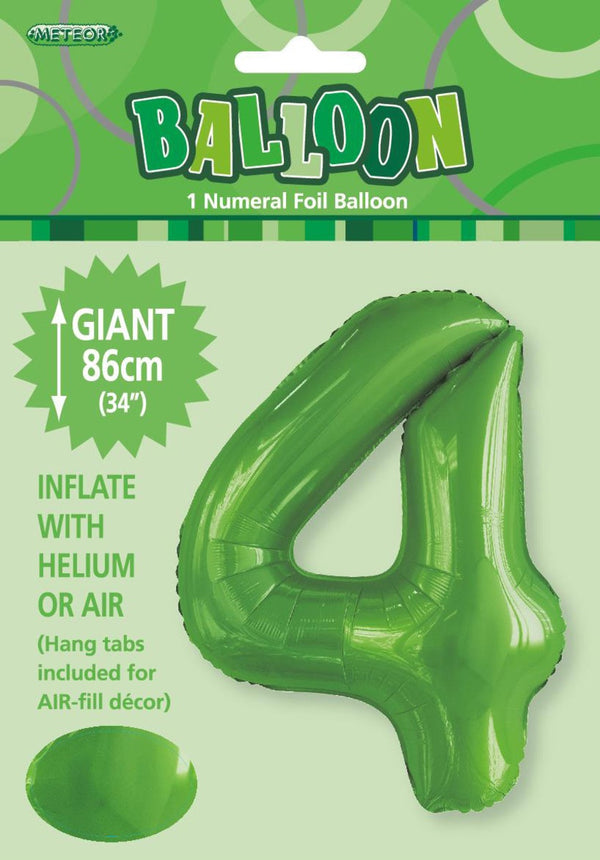 LIME GREEN "4" NUMERAL FOIL BALLOON 86CM (34")